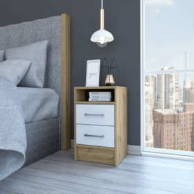 Nightstand Cartiz, Two Drawers, White / Light Oak Finish